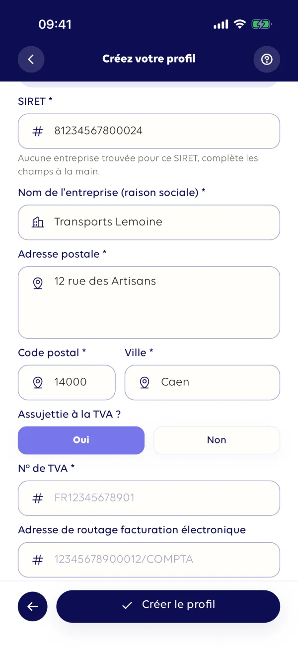Formulaire de création de profil : SIRET, raison sociale, adresse, TVA