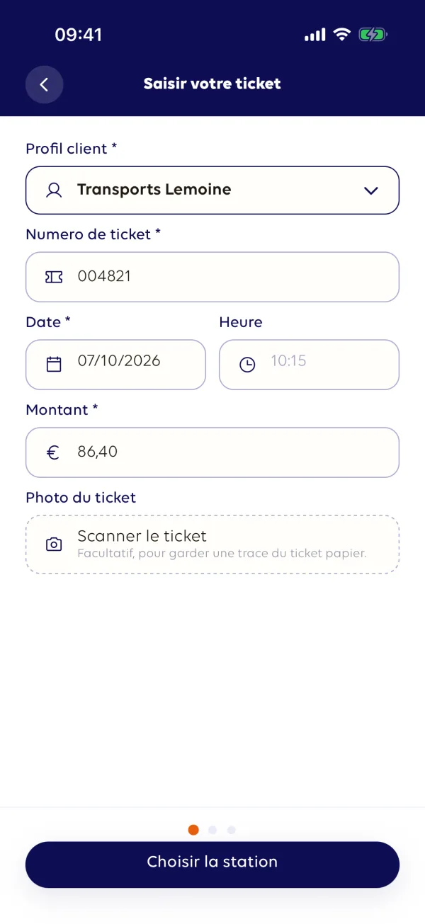 Écran « Saisir votre ticket » : profil Transports Lemoine, ticket 004821, montant 86,40 €