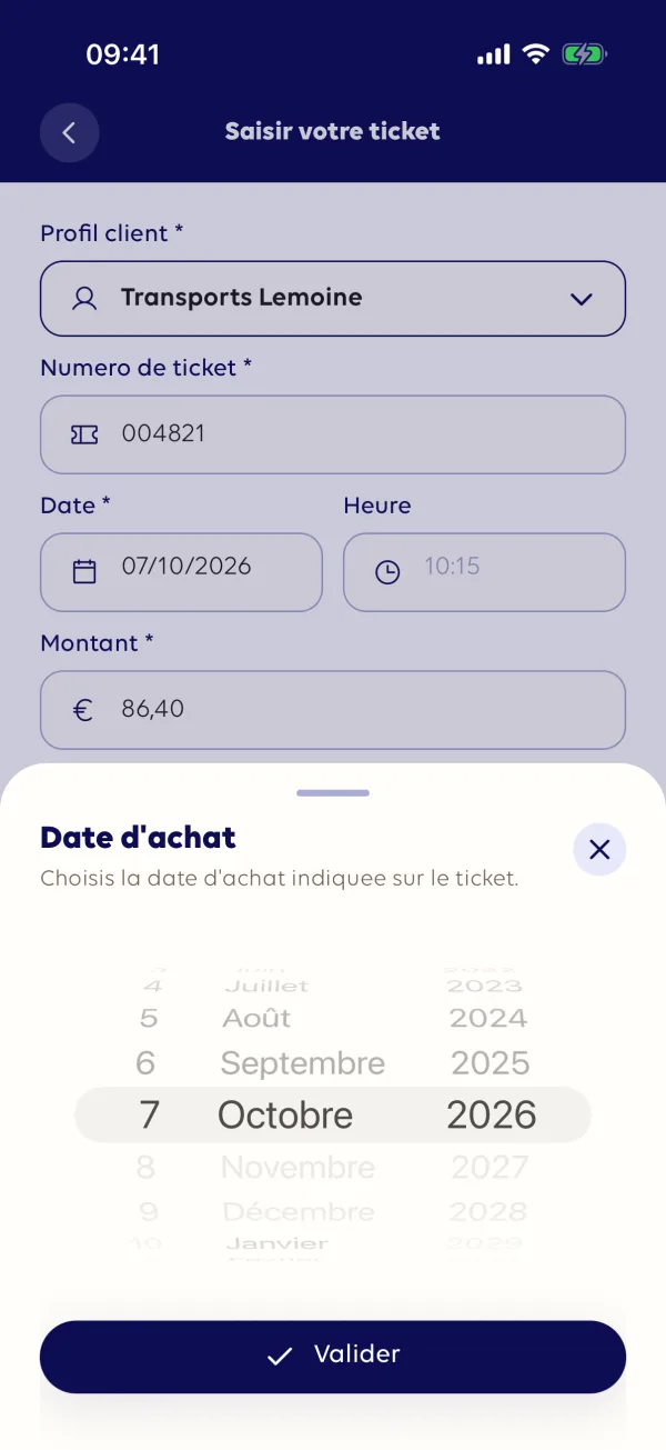 Saisie du ticket : ticket 004821, 86,40 €, et sélecteur de la date d’achat